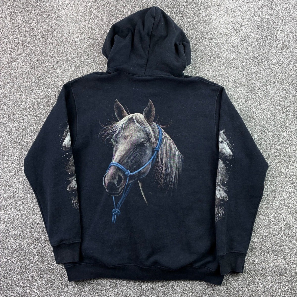 Vintage Y2K Horse Hoodie Rock Eagle Mens XL Black Full Zip Nature
