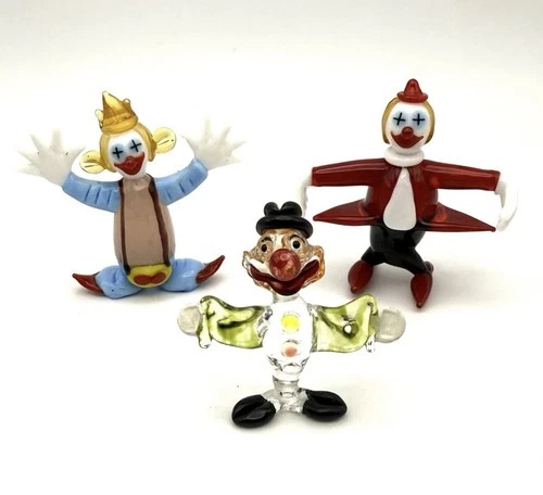 Murano Hand Blown Art Glass Clown Figurines Sculpture Miniature Lot Of 3 Vintage