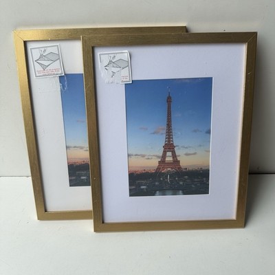 Set of 2 Gold Picture Frames 8x10 with White Mat to 5x7 Eiffel Tower Art Prints