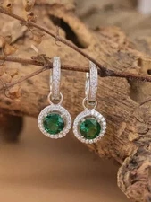 14K White Gold Plated 2Ct Round Cut Simulated Emerald Halo Drop Clip On Earring