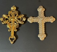 Two Gold Tone Ornate Cross Ornaments