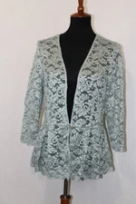 Alex Eveninings Sz M Sage Green Lace 1 Rhinestone Button Jacket Only (no liner)