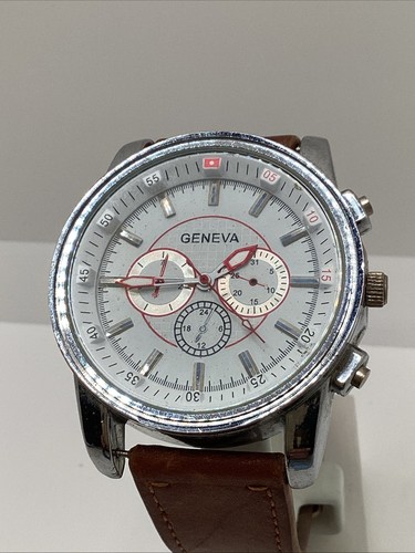 Geneva Mens Silver Big Face White Dial Brown Leather Classy Watch New Battery