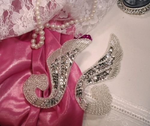 0123 ~ SILVER MIRROR PAIR SEQUIN BEADED APPLIQUES 4.25"