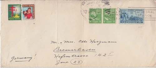 1953 NEW YORK NY OVERSIZE COVER TO BREMERHAVEN GERMANY W/ 1952 CHRISTMAS SEAL