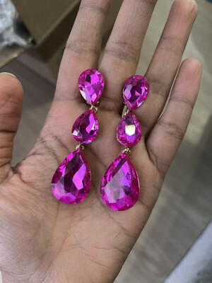 3  Clip On Long Hot Pink Fuchsia Dangle Drop Pageant Rhinestone Crystal Earrings