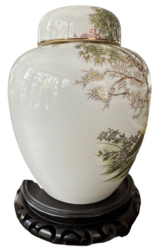 Vaso/vaso/urna vintage Otagiri Yamaji pavone in bambù giardino bordo oro con base - Foto 5 di 13