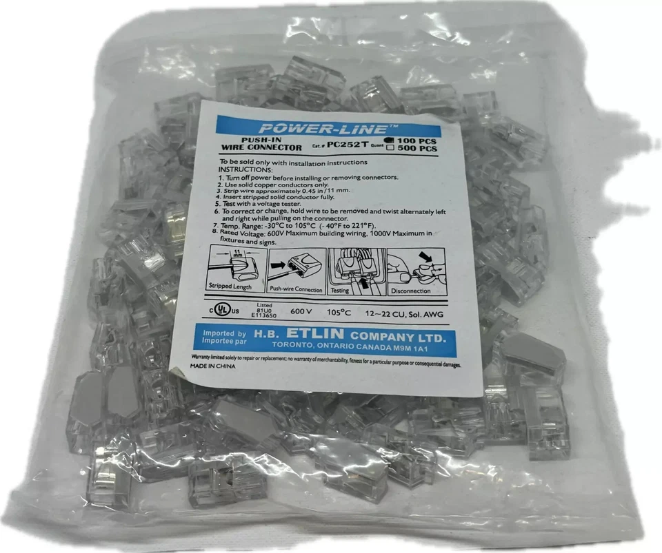 ETLIN-DANIELS PC252T 2 POLE PUSH IN WIRE CONNECTOR 12–22 AWG 600V CLEAR 100 PCS - Image 3 of 4