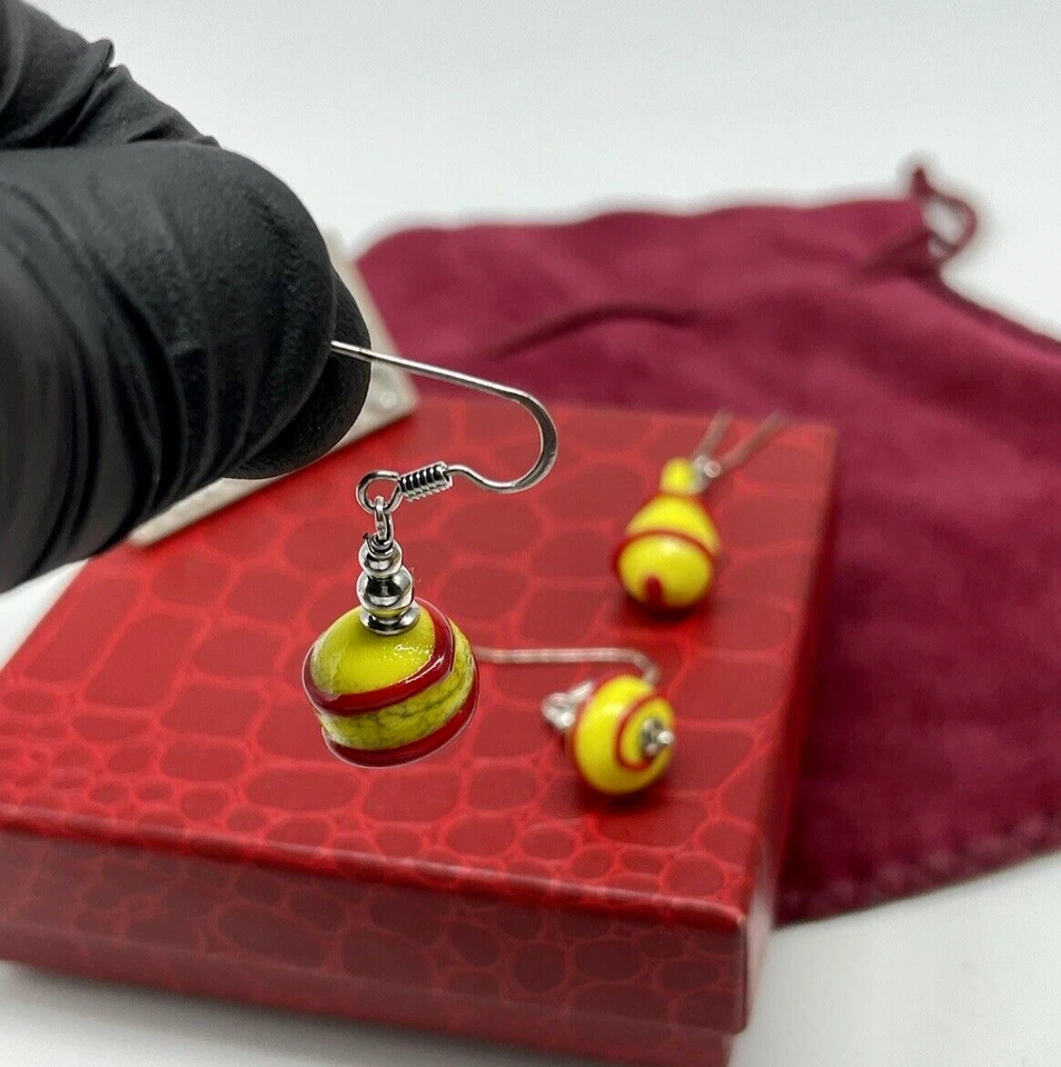 PARURE COLLANA ORECCHINI DI MURANO IN PERLE GIALLO ROSSE PENDENTI ELEGANTE DONNA - Immagine 3 di 4