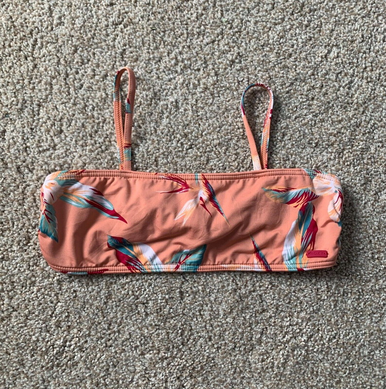 ROXY Orange Peach Bikini Swimsuit Swim Top Floral Tropical Girls Size 14 XL 🧡