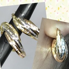 GOLD 14k earring hoop huggie solid cz fine tri yellow white rose 3.4g 15mm