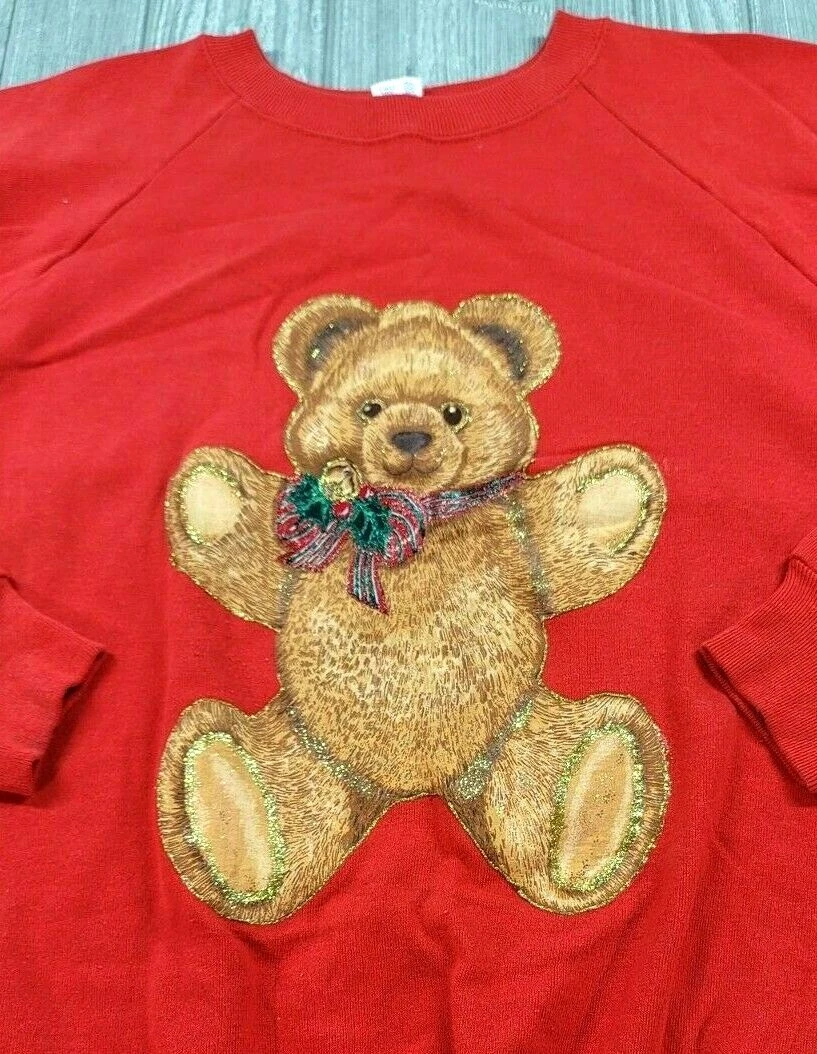 Vintage 90s Champion Sweatshirt Adult XL Red Crewneck Christmas Bear USA Made