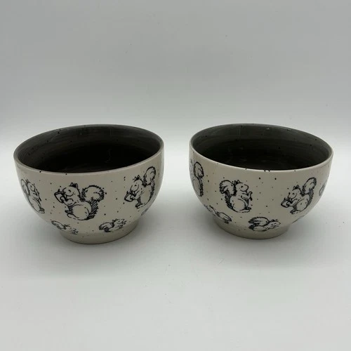 Set Of 2 Meritage Squirrel Bowl Stoneware Gray White Black Soup Cereal Nuts