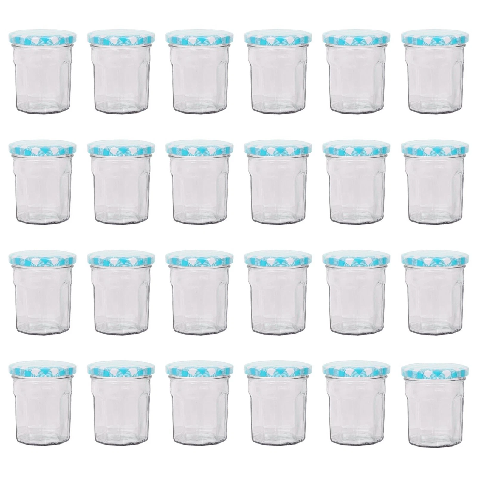 Argon Tableware Glass Jam Jars with Blue Gingham Lids - 150ml - Pack of 24