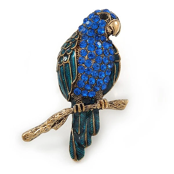 Anillo grande de pájaro loro esmaltado azul zafiro en metal dorado antiguo de cristal azul zafiro Foto 4 de 4