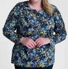 CJ Banks Size 1X Navy Teal Abstract print knit top, notch neck, long sleeve  NWT