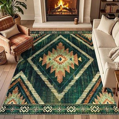 Boho Green Area Rugs 5x7Ft Non Slip, Large Low Pile Washable Rugs for Living ...