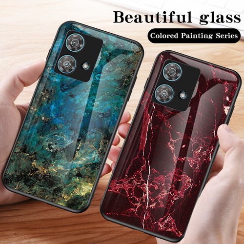 For Motorola Edge 40 Neo, Shockproof Shell Marble Tempered Glass Back Case Cover