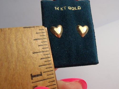 Nuevos pendientes delicados pequeños con pasador en forma de corazón inflado de oro amarillo sólido de 14kt - Imagen 2 de 13