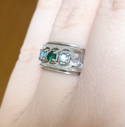 Simulated emerald aquamarine triplet mother Navajo 10k solid white gold ring - Picture 6 of 10