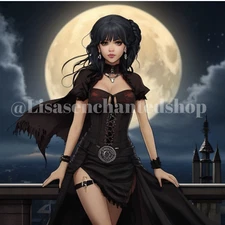 Digital Image Desktop Wallpaper AI Art - Anime Style Steampunk Vampire Full Moon