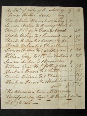  1814 Nicholas Co.Kentucky Handwritten Estate Document Property of James Archer 