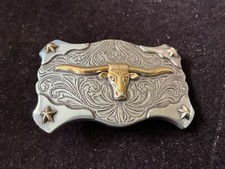 SILVER/GOLD Tone BELT BUCKLE WESTERN TEXAS LONGHORN STEER BULL COWBOY STARS 3  
