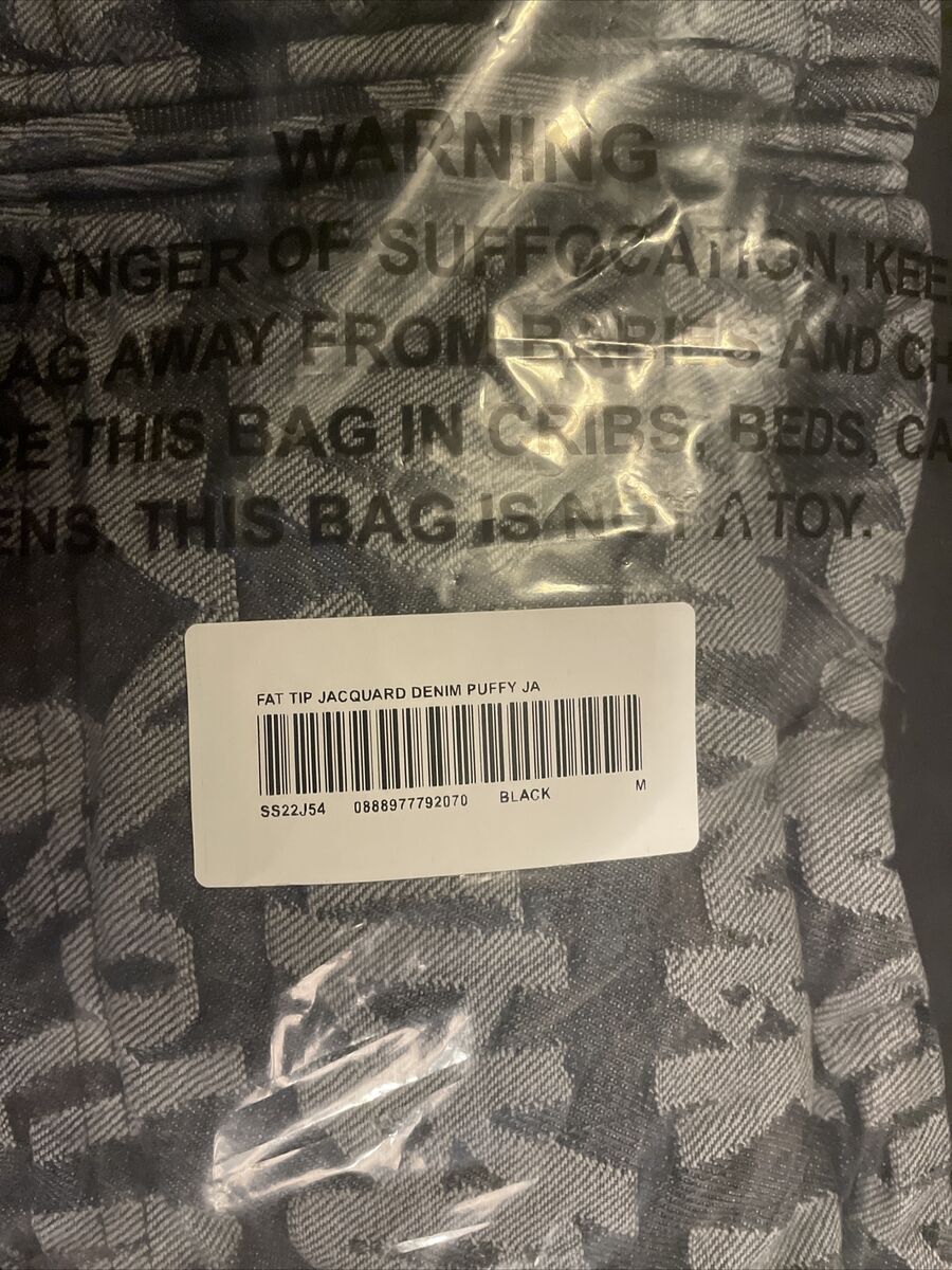 Supreme Fat Tip Jacquard Denim Puffer Jacket Black Sz M In Supreme Fat Tip Jacquard Denim Puffer Jacket Black Sz M In