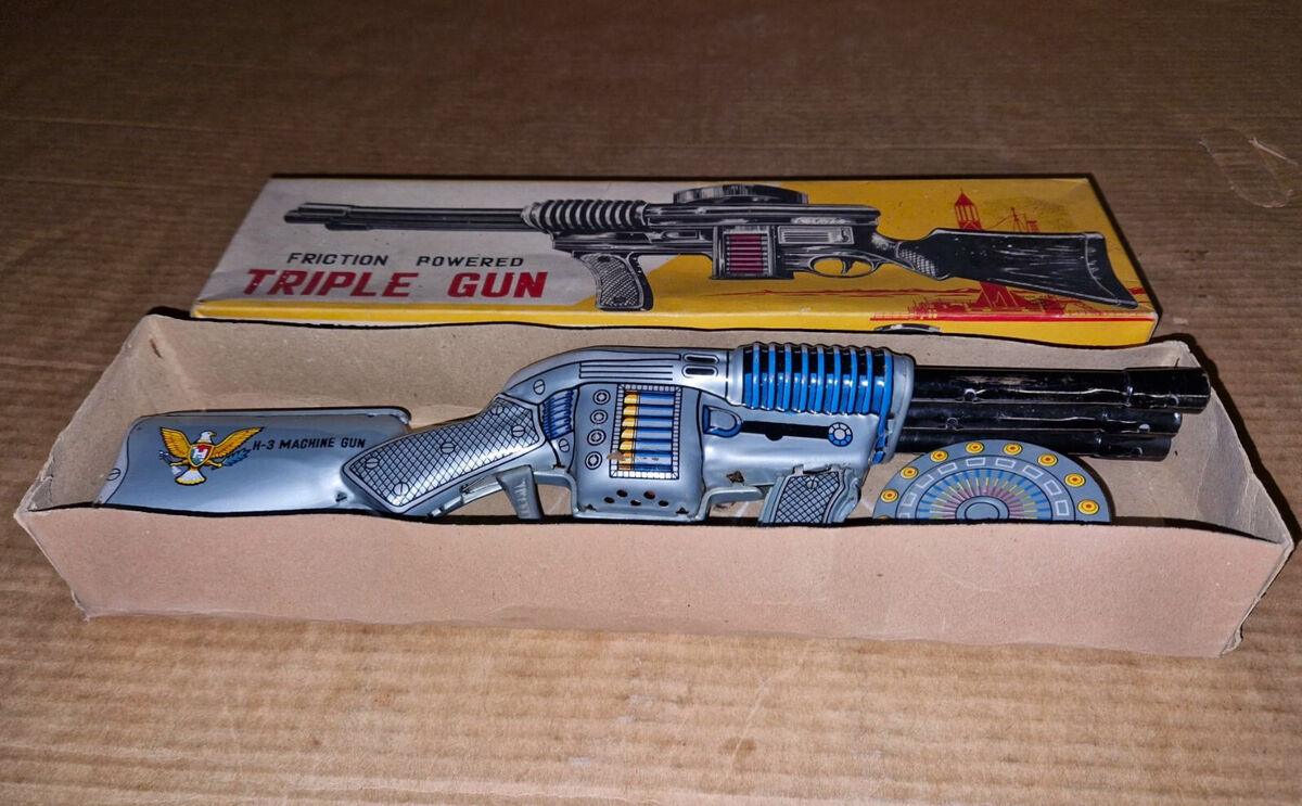 1960's Horikawa Japan Triple Machine Gun Tin Litho Friction 1960's Horikawa Japan Triple Machine Gun Tin Litho Friction