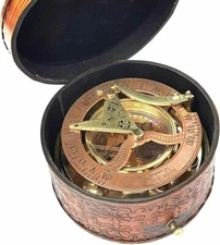 Nautical Nautical brass Antique marine replica with leather case sundial compass