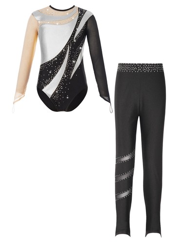 Kids Girls Outfit Rhinestones Tracksuit Figure Skating Set Long Sleeve Leggings - Picture 53 of 74