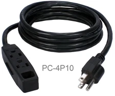 10ft 3-Outlet 3-Prong Power Extension Cord, 16AWG, NEMA 5-15P to 3 NEMA 5-15R
