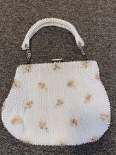 Vintage 1950  s Corde Bead Lumured Ivory Floral Clutch Handbag Purse With Handle