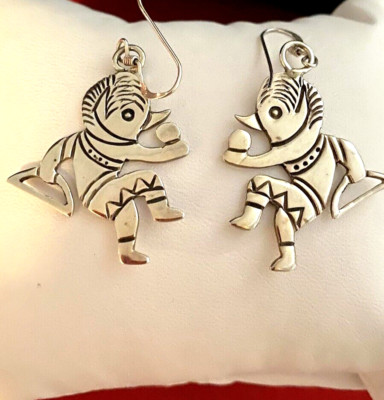 Vintage 925 STERLING SILVER  Native Kachina Dancer Drop Pierced Earrings
