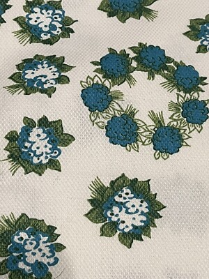 VTG Fabric D B Fuller Flower Wreath Blue Linen Cotton Home Decor  40  2.5 yds