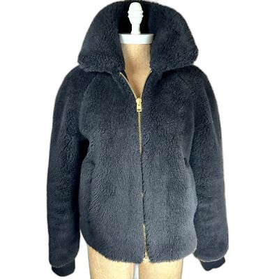 Teddy Sherpa Lined Bomber Jacket Black Women’s Size S Gold Zipper  AB877