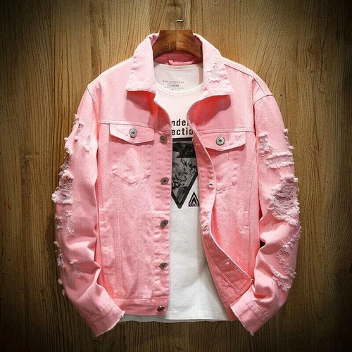 Men's Ripped Denim Jacket Hip Hop Frayed Destroyed Biker Fashion Slim Fit Coat - Picture 15 of 21