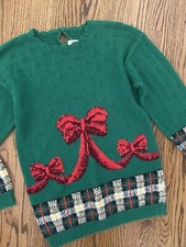 Vtg Red Ribbon Giant Bow Ugly Christmas Sweater Long Tall L XL Red And Green