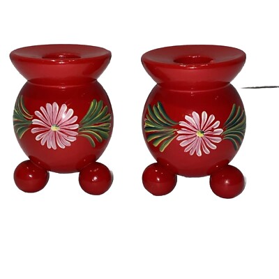 2 Round Scandinavian Wood Hand Painted Candlestick Holder Daisy Flower Ball Feet