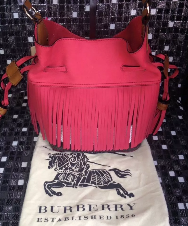 Burberry Leather & Check Canvas Fringe Bucket Bag