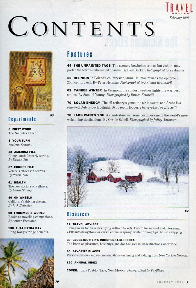 TRAVEL HOLIDAY Magazine February 1995 Taos New Mexico Laos Aruba Vermont Venice - Image 2 of 3