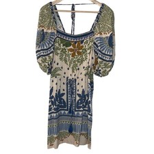 FARM Rio Mixed Print Square Neck Puff Sleeve Mini Dress Blue Green Floral Bird