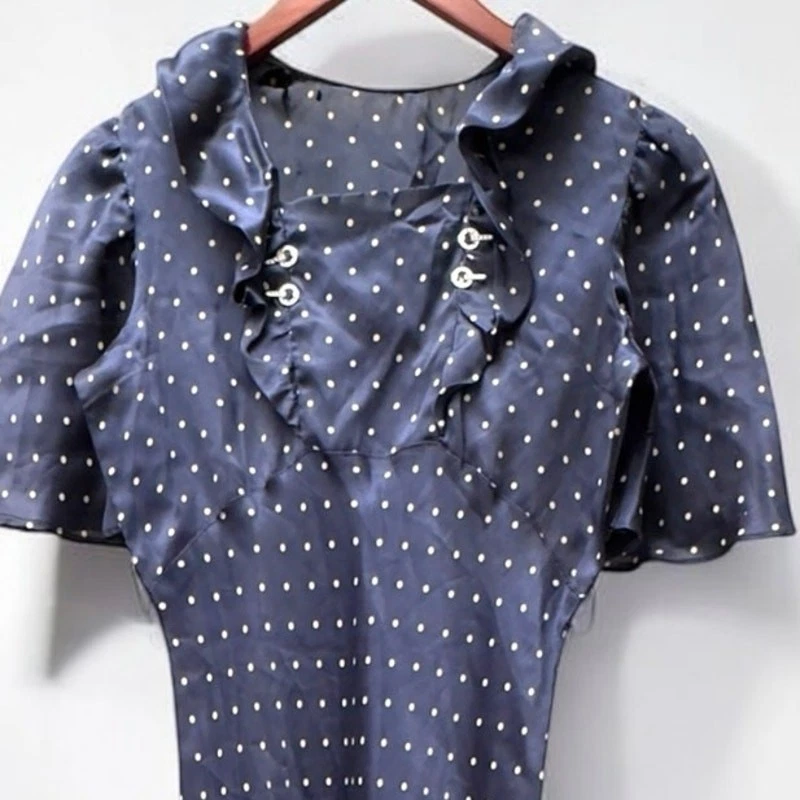 Vestido de seda vintage años 30 Art Deco cuello con volantes azul oscuro lunares XS LEER Foto 3 de 4