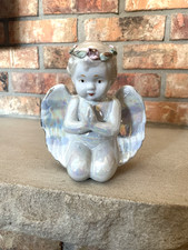 Vintage Iridescent Angel Winged Baby Girl Cherub praying kneeling hand painted