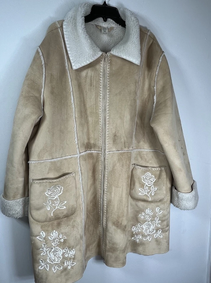 faux leather jacket y2k vintage beige microsuede sherpa embroidered boho Coat - Image 4 of 4