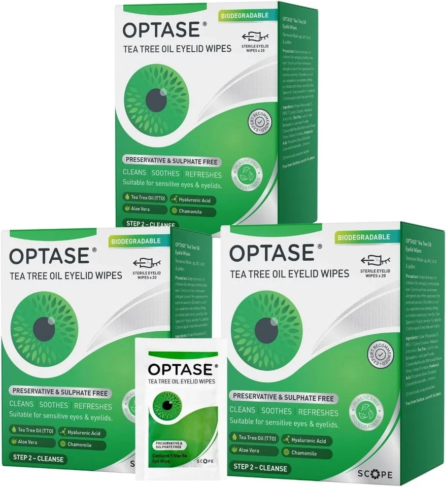 3x Optase TTO Tea Tree Oil 20 sensitive eyelid Wipes blepharitis dry eye MGD