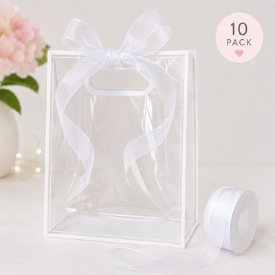 Klare Geschenktüten mit weißer Borte & Band - 10er Pack Party, Junggesellinnenabschied, Babyparty