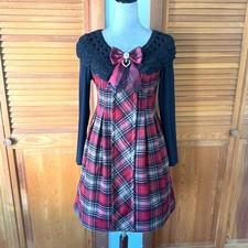 Abito Gothic Lolita Punk EGL Gyaru Himekaji nero rosso a quadri misto lana con fiocco M
