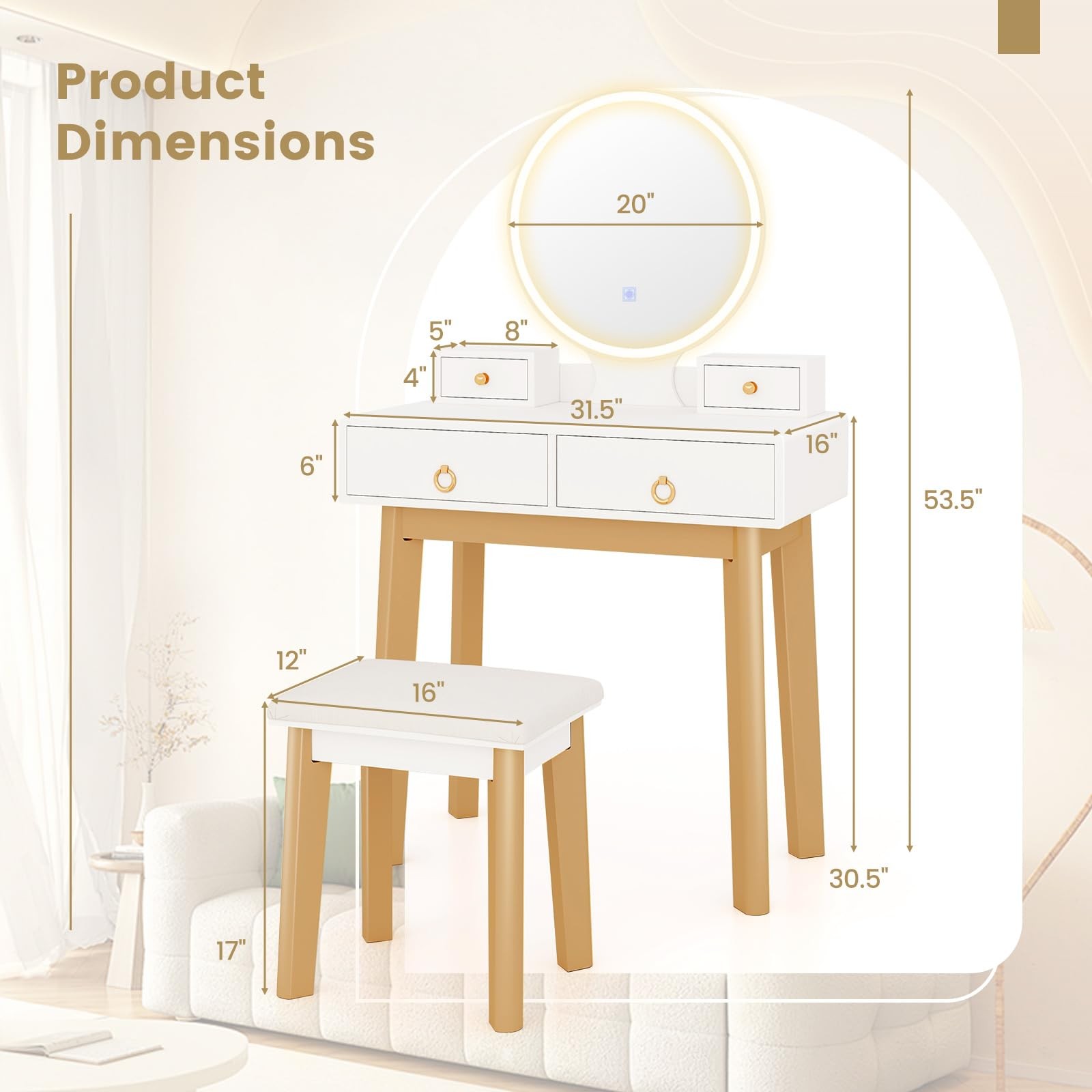  Makeup Vanity Desk with Mirror & Lights, Dressing Table and Chair Set 