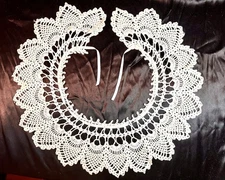 Vintage Hand Crocheted Cotton White Collar with Satin White Ribbon Tie